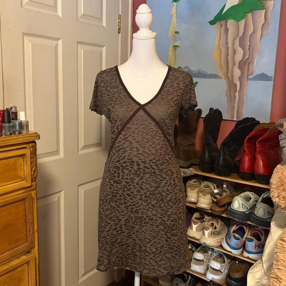 Burnout Babydoll Brown Leopard Short Sleeve Tunic Top Dress Sz S M Natori Indie